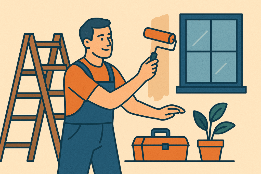 Illustration of a house with ladder, toolbox, and hammer symbolizing affordable home improvement ideas for 2026 that increase property value.