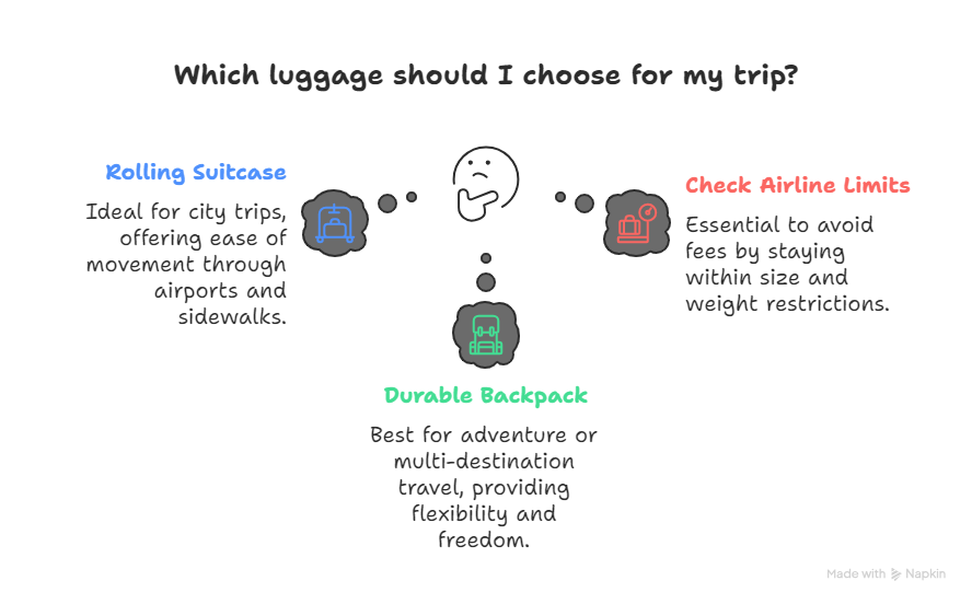 Choose the best luggage for travel: Rolling suitcase for city trips with easy airport movement; durable backpack for adventure or multi-destination flexibility; always check airline limits to avoid fees.