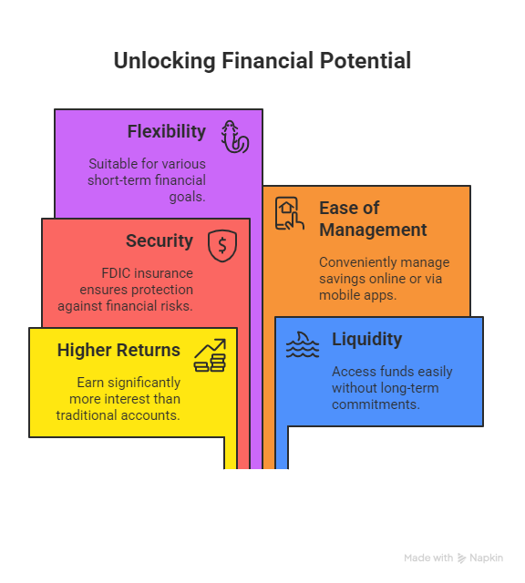 Unlock financial potential with high-yield savings: Enjoy higher returns than traditional accounts, FDIC-insured security, easy online/mobile management, liquidity without long-term commitments, and flexibility for short-term goals.