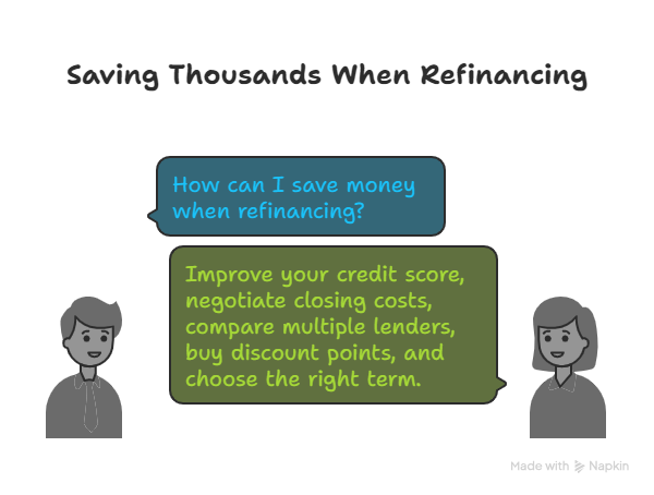 Save thousands when refinancing: Improve credit score, negotiate closing costs, compare multiple lenders, buy discount points, and choose the right term.