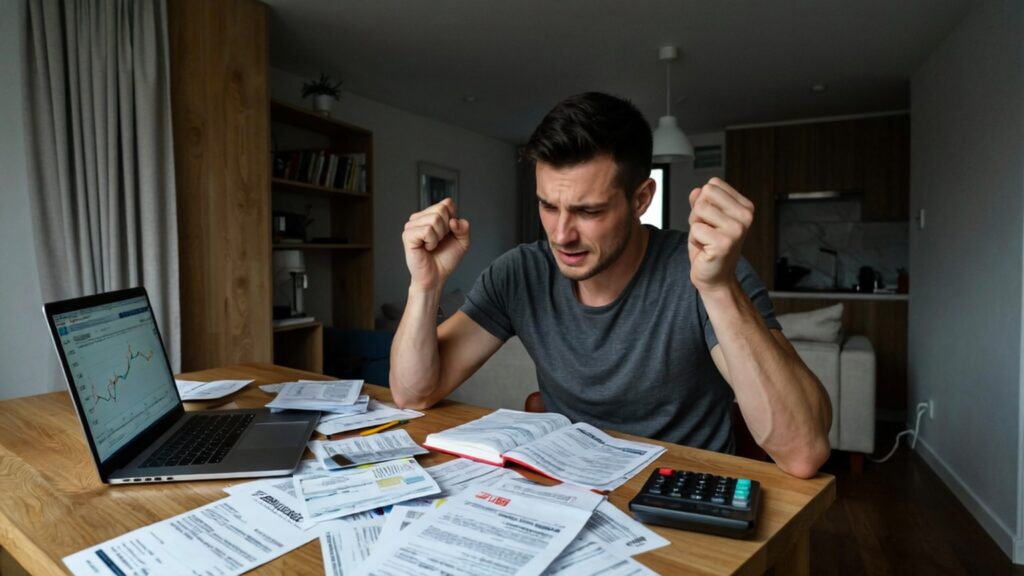 A stressed person surrounded by credit card bills and financial documents illustrating one of the biggest financial mistakes to avoid — accumulating high-interest debt.
