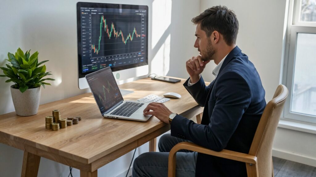 A young professional analyzing investment growth charts symbolizing skipping long-term investments, one of the key financial mistakes to avoid.