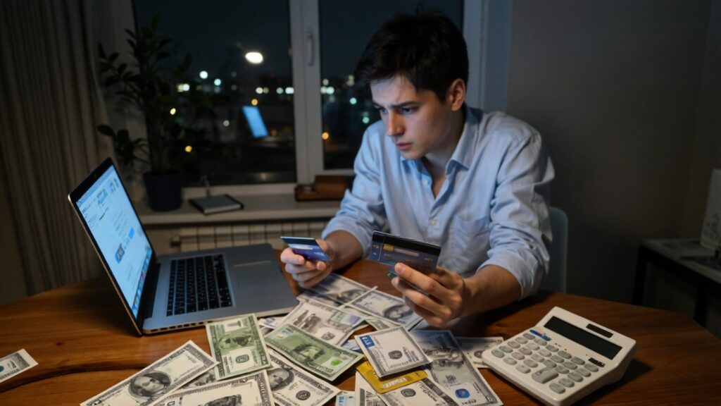 A young adult stressed while holding multiple credit cards and checking balances, representing overreliance on credit cards as one of the major financial mistakes to avoid.