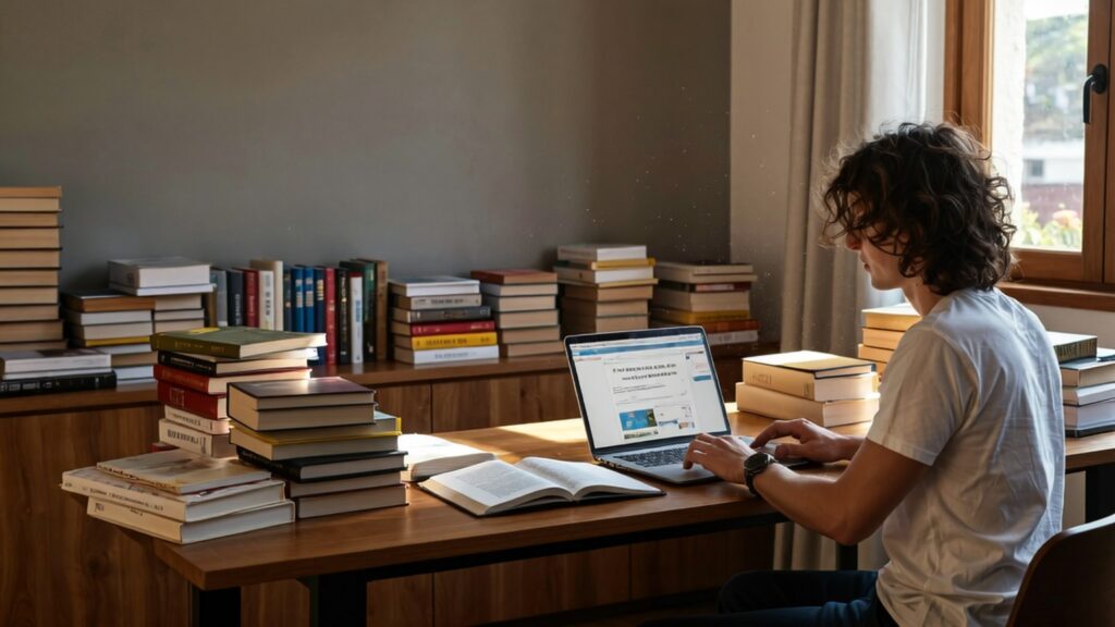 A young adult studying finance books and online courses representing neglecting financial education and advice, one of the key financial mistakes to avoid.