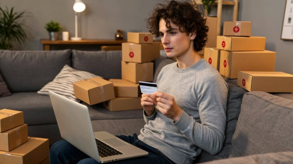A young adult surrounded by shopping boxes and online checkout screen, representing impulse purchases and emotional spending as key financial mistakes to avoid.

