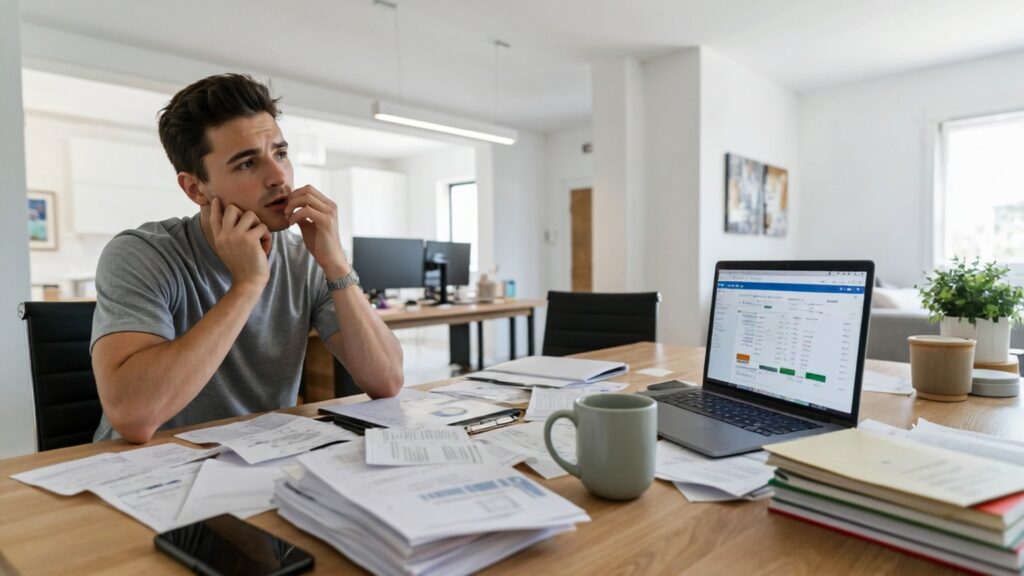 A young adult reviewing receipts and digital budget on laptop, representing poor expense tracking and one of the top financial mistakes to avoid.