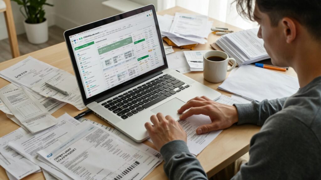 A worried young adult surrounded by unpaid bills and an empty wallet symbolizing skipping an emergency fund, one of the major financial mistakes to avoid.