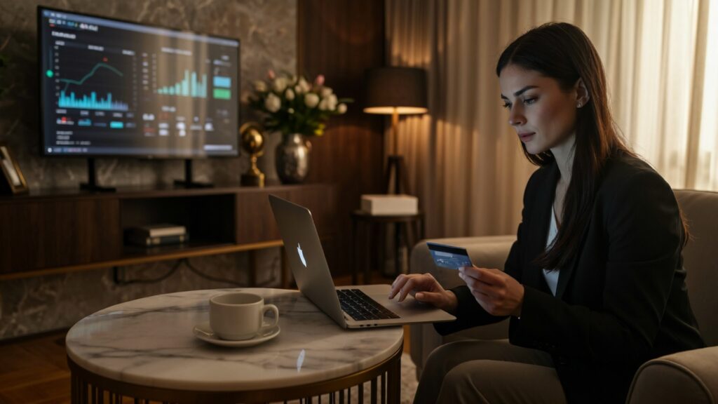 A young professional surrounded by luxury items and online shopping screens representing lifestyle creep, one of the key financial mistakes to avoid.