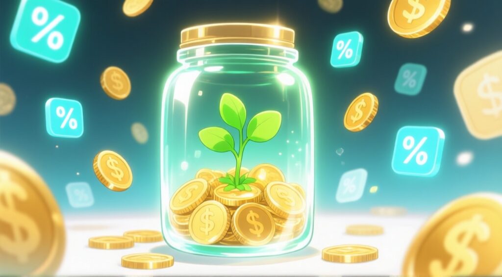 Anime-style glowing savings jar with plant and floating percentage icons symbolizing high yield savings account growth