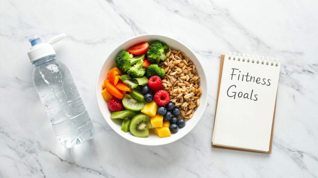 Top view of a balanced meal and fitness goals notepad representing practical and healthy weight loss tips that work.