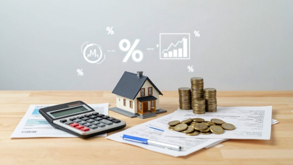 House model with calculator and paperwork showing refinance mortgage concept and financial savings
