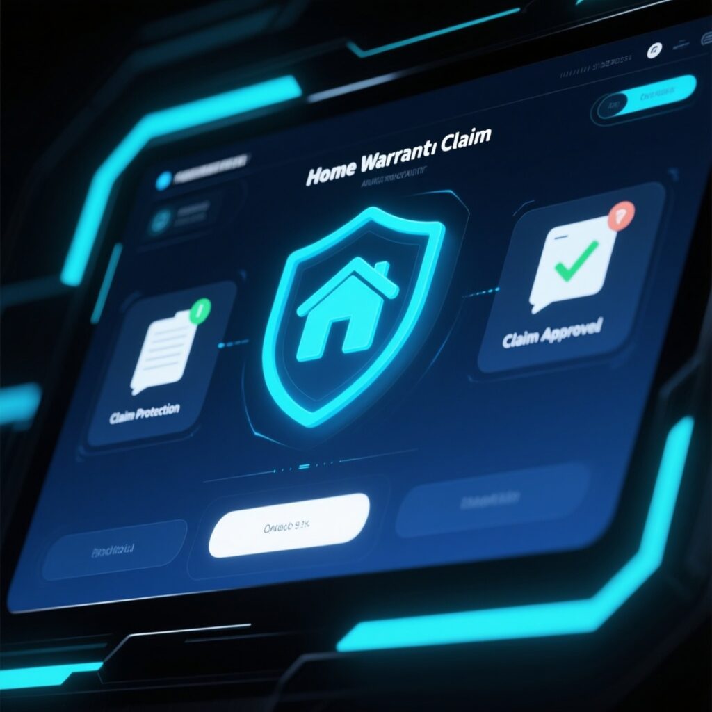 Cinematic digital interface with home protection icons visualizing the home warranty claim process for homeowners