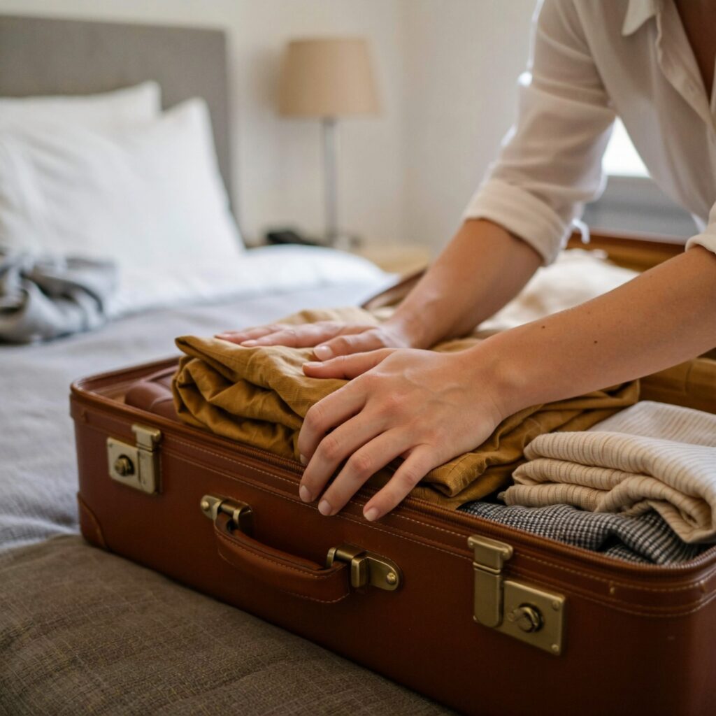 Cinematic close-up of hands packing suitcase showing efficient packing tips for travel and stress-free organization