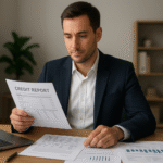 A professional young man in a navy suit sits at a wooden desk in a modern home office, reviewing a printed credit report alongside financial charts and a laptop, with warm natural lighting creating a calm and confident atmosphere.