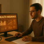 Photorealistic image of a freelancer sitting in a bright home workspace, analyzing health insurance plans on a computer screen displaying glowing digital charts and documents. Morning light streams through a window, illuminating the calm setting with warm tones. The scene conveys focus, security, and professionalism, symbolizing thoughtful financial decision-making in a modern digital environment.