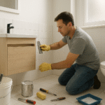 A man working on a DIY bathroom remodel, kneeling on the tiled floor while installing new wall tiles below a modern vanity. Tools, paint supplies, and a bucket are scattered on the floor, and natural daylight brightens the small, clean bathroom, conveying an affordable home improvement atmosphere.