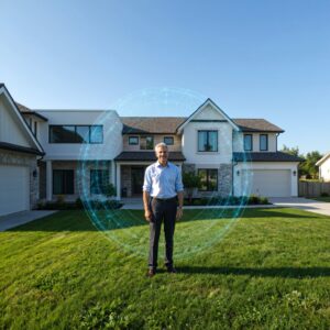 smiling homeowner in front of a protected house under a digital shield representing the best home warranty companies in the USA