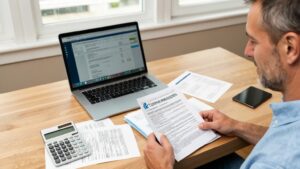 A homeowner reviewing refinance mortgage documents and calculating savings at a modern home office