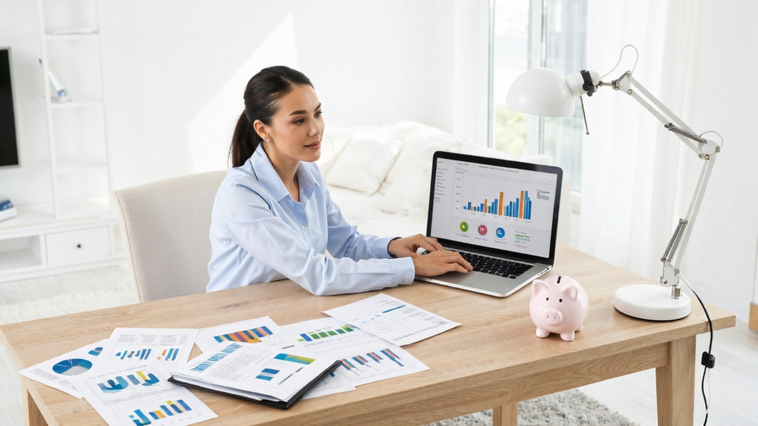 A person reviewing high yield savings account rates on laptop in a bright home office showing smart money management