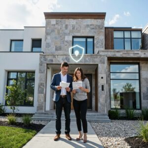 A new homeowner couple reviewing documents in front of their house representing home warranty worth it for new homeowners